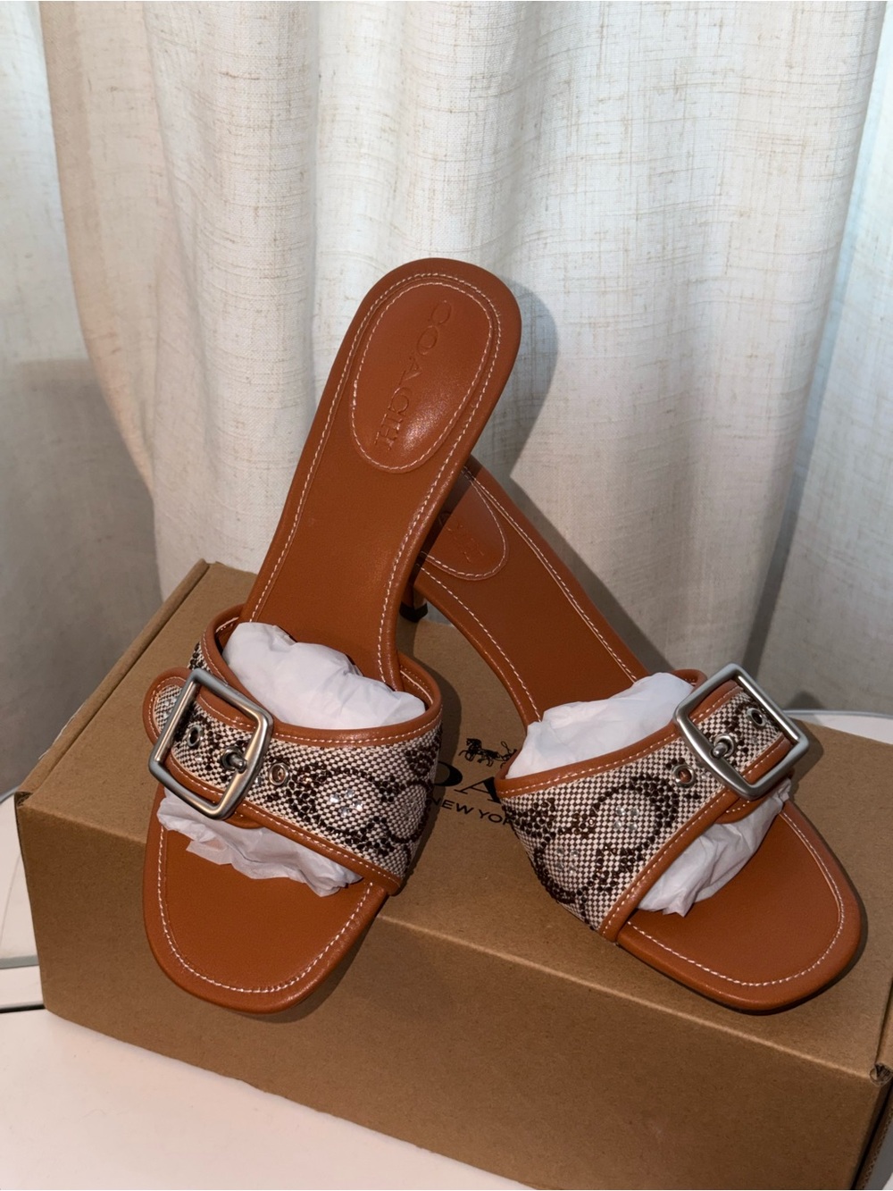 Coach Tan Leather Slide Mules with Monogram Buckle Strap